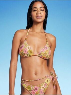 Wild fable Floral Tie-Side Triangle Beaded Bikini - Pink & Green